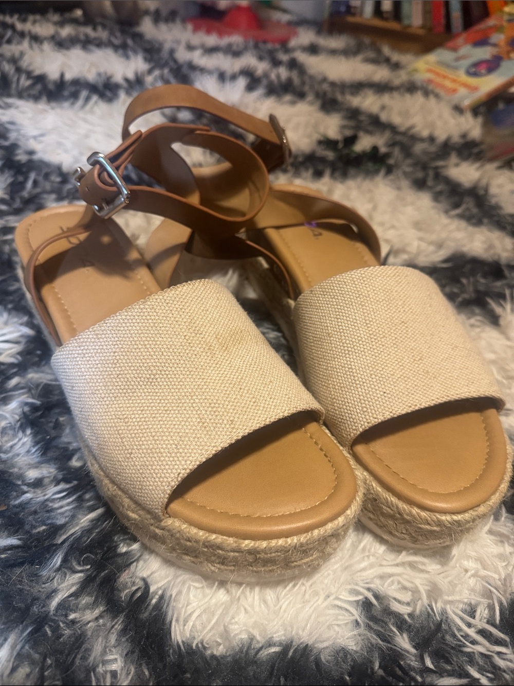 Soda Beige Canvas Espadrille Wedge Sandals with Tan Ankle Strap